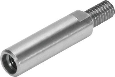Metalen bout met schroefdraad aan de rechterkant en een cilindrische schacht aan de linkerkant, gebruikt voor machinebouwdoeleinden.