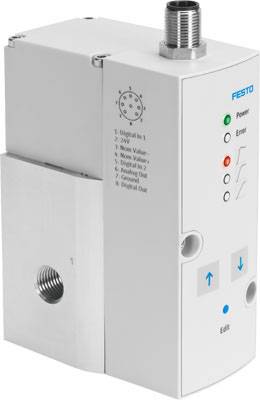 Elektrisch ventiel van Festo met twee aansluitingen, LED-indicatoren en bedieningsknoppen. Wordt gebruikt voor het regelen van vloeistof- en gasstromen.