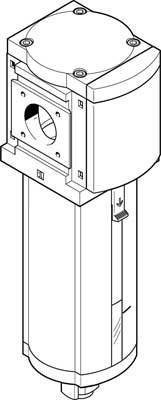 Technische tekening van een cilindrische machine met rechthoekige bovenkant en een pijl die de stromingsrichting aangeeft.