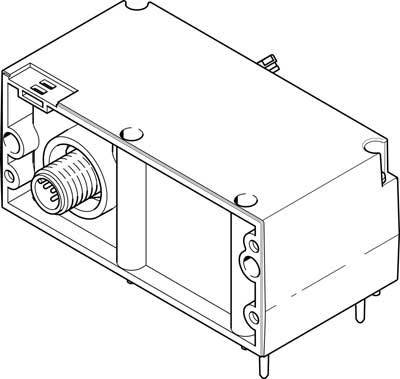 Schematische tekening van een rechthoekig elektronisch onderdeel met aansluitconnector en meerdere bevestigingspunten.