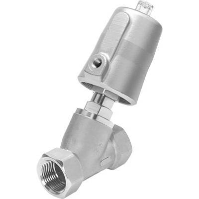 Metalen hoekventiel met cilindrische behuizing en aansluitdraad. Wordt gebruikt in industriële buisleidingsystemen.