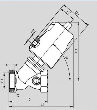 Technische tekening van een ventiel met afmetingen en hellingshoek. Bevat gegevens over lengtes en diameters van de componenten.