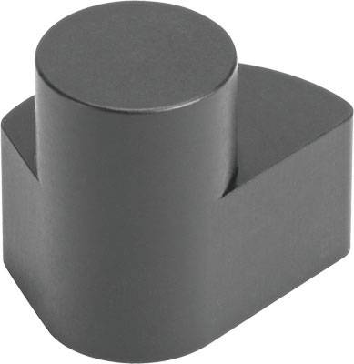 Zwart, cilindrisch object met een rechthoekige uitsteeksel aan de zijkant, mogelijk een technisch of mechanisch onderdeel.