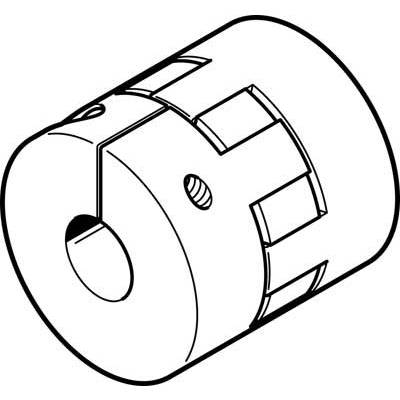 Technische tekening van een cilindrische koppeling met zijdelingse inkepingen en boringen, waarschijnlijk bedoeld voor een mechanische verbinding.