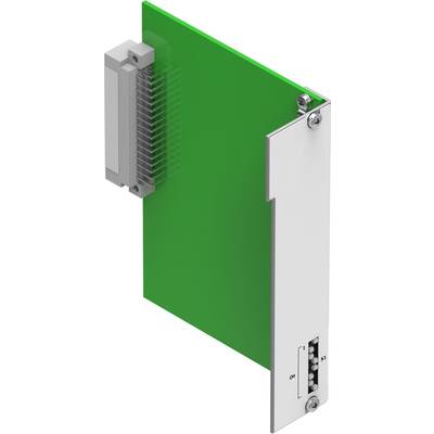 Een groene printplaat met aansluitingen aan de zijkant en zichtbare schakelaars of aansluitingen aan de voorkant.
