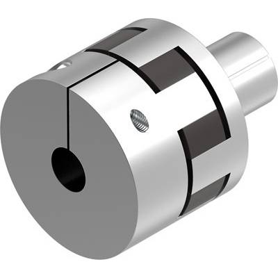 Metalen koppeling met schroef en groefachtig ontwerp. Verbindt twee assen voor het overbrengen van koppel in machines.