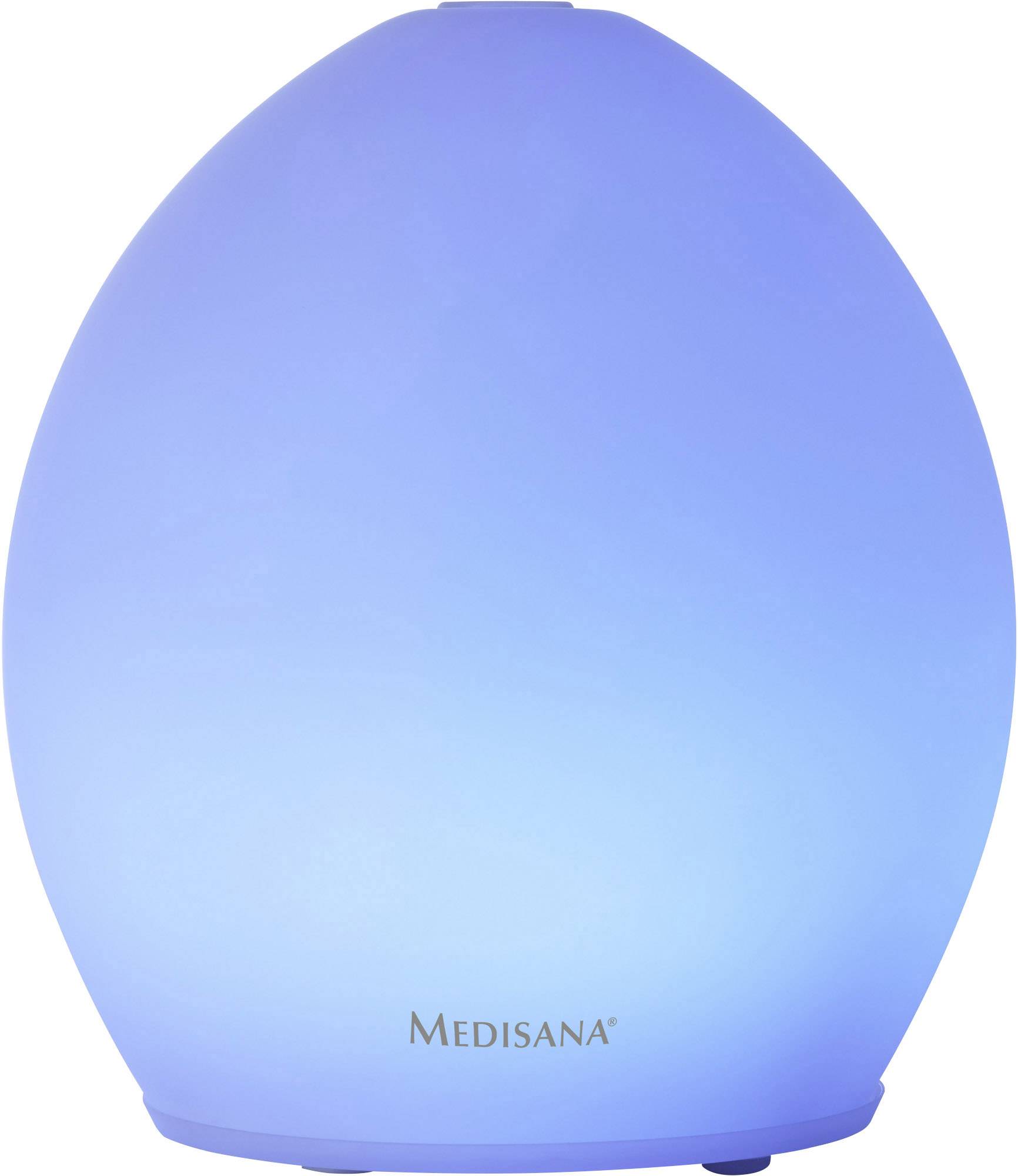 Een turquoise luchtbevochtiger met het opschrift 'MEDISANA', eivormig en oplichtend in het blauw, op een witte achtergrond.