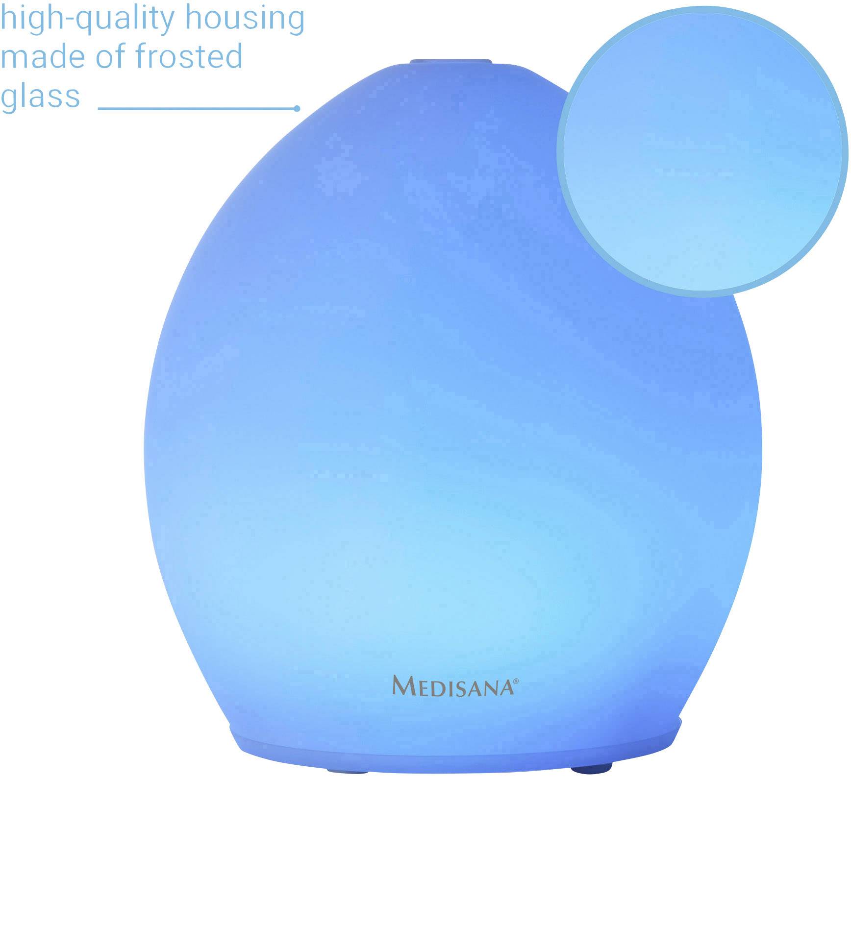 Een ovale, blauwe aromadiffuser van Medisana gemaakt van satijnglans schittert. Tekst: 'hoogwaardig behuizing gemaakt van mat glas'.