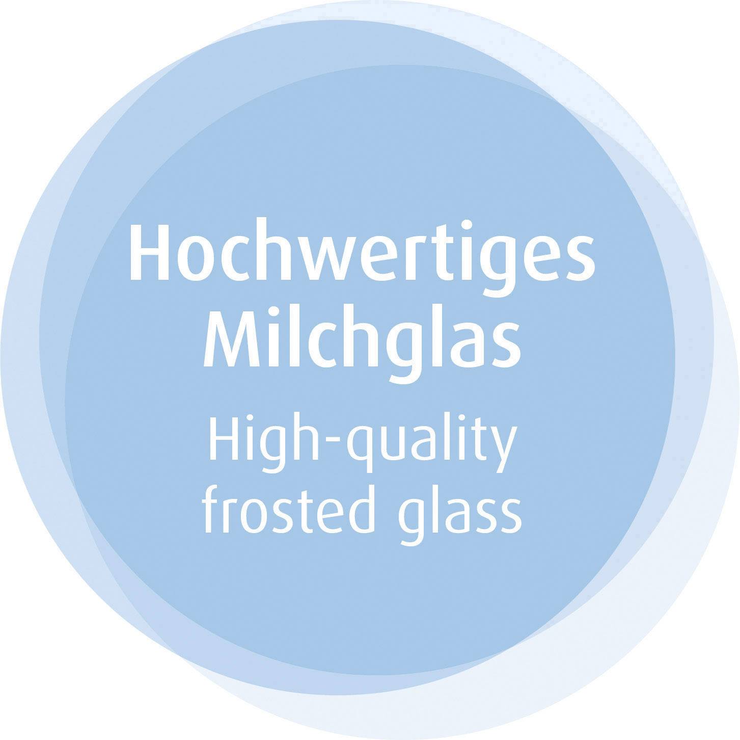 'Rond logo met de tekst: Hoogwaardig melkglas. High-quality frosted glass.'