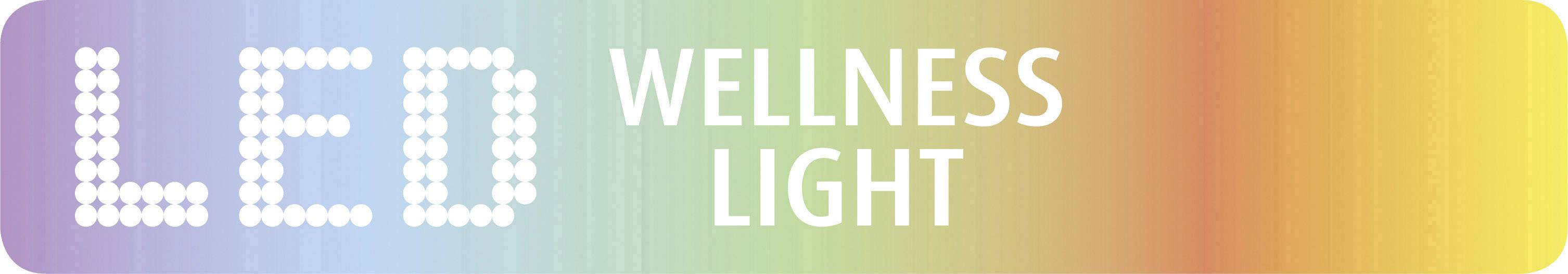 Kleurrijke regenboog-achtergrondafbeelding met de tekst 'LED WELLNESS LIGHT' in witte letters.