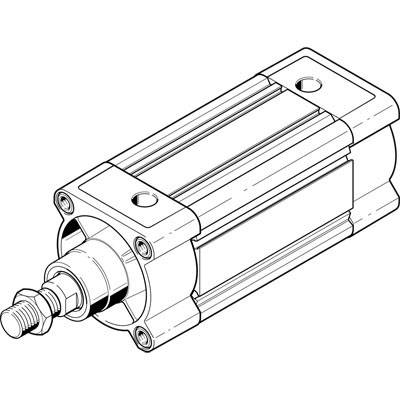 Industriecilinder met zuigerstang en rechthoekige behuizing in technische tekening.