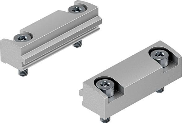 Twee zilveren metalen beugels, elk met twee schroeven, in een hoekopstelling, tegen een neutrale achtergrond.
