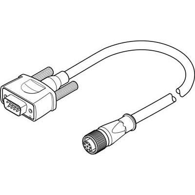 Tekening van een technische kabel met een VGA-stekker en een ronde stekker.