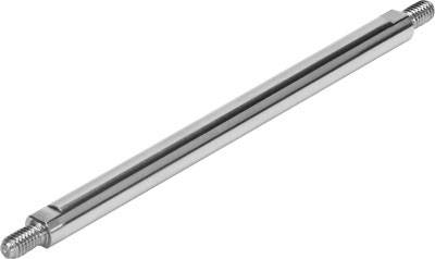 Metalen staaf met schroefdraad aan beide uiteinden, cilindrische vorm, glanzend oppervlak. Geschikt voor mechanische verbindingen en constructies.