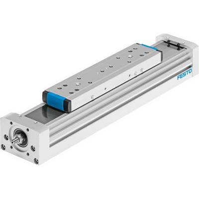 Een pneumatische lineaire aandrijving van Festo, zilverkleurig met blauwe en zwarte accenten, geschikt voor automatiseringstoepassingen.