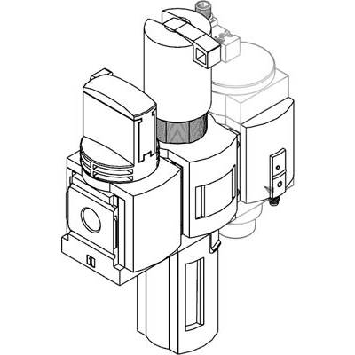 Technische tekening van een complex machineonderdeel met cilindrische en rechthoekige componenten, die industrieel gebruik suggereren.