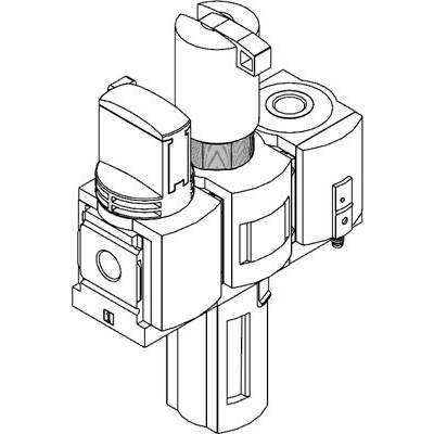 Technische tekening van een modulair apparaat, bestaande uit verschillende cilindrische en rechthoekige componenten die met elkaar zijn verbonden.