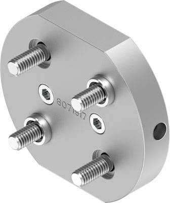 Metalen ronde plaat met vier uitstekende schroeven en een zijdelingse opening.