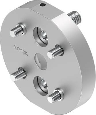Metalen plaat met vier uitstekende schroeven en een serienummer, mogelijk een onderdeel of mechanische component.