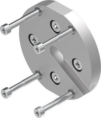 Een ronde metalen plaat met vijf schroeven, vier aan de hoeken en één in het midden, gedeeltelijk ingedraaid.