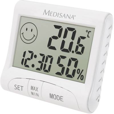 Digitale thermometer in het wit toont 20,6 °C en 12,30% luchtvochtigheid met een lachende smiley op het display.
