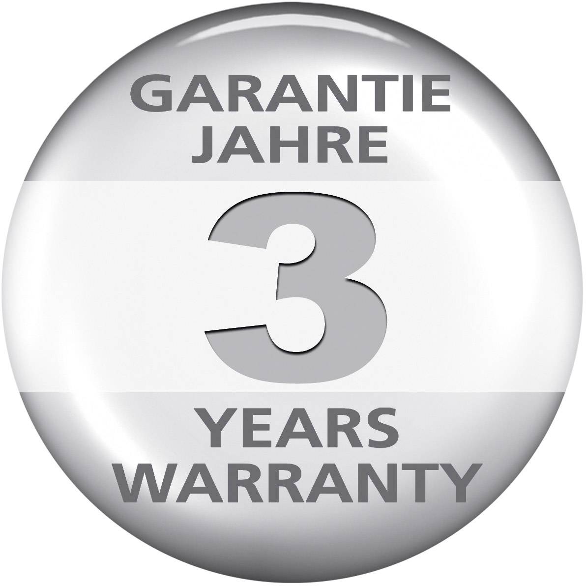 Knop met tekst '3 Jaar Garantie', '3 Years Warranty', op grijze achtergrond.
