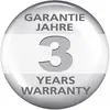 Knop met tekst '3 Jaar Garantie', '3 Years Warranty', op grijze achtergrond.