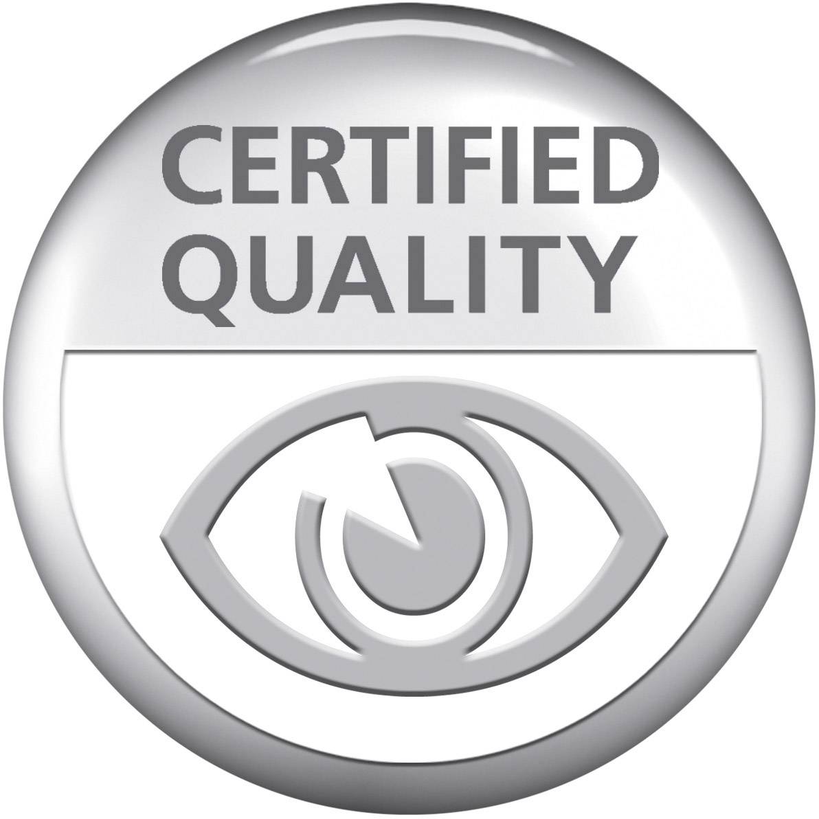 'Gecertificeerd Kwaliteitskeurmerk' met een gestileerd oog in het midden, zilver design, benadrukt erkend hoge standaarden of beoordelingen.