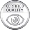 'Gecertificeerd Kwaliteitskeurmerk' met een gestileerd oog in het midden, zilver design, benadrukt erkend hoge standaarden of beoordelingen.