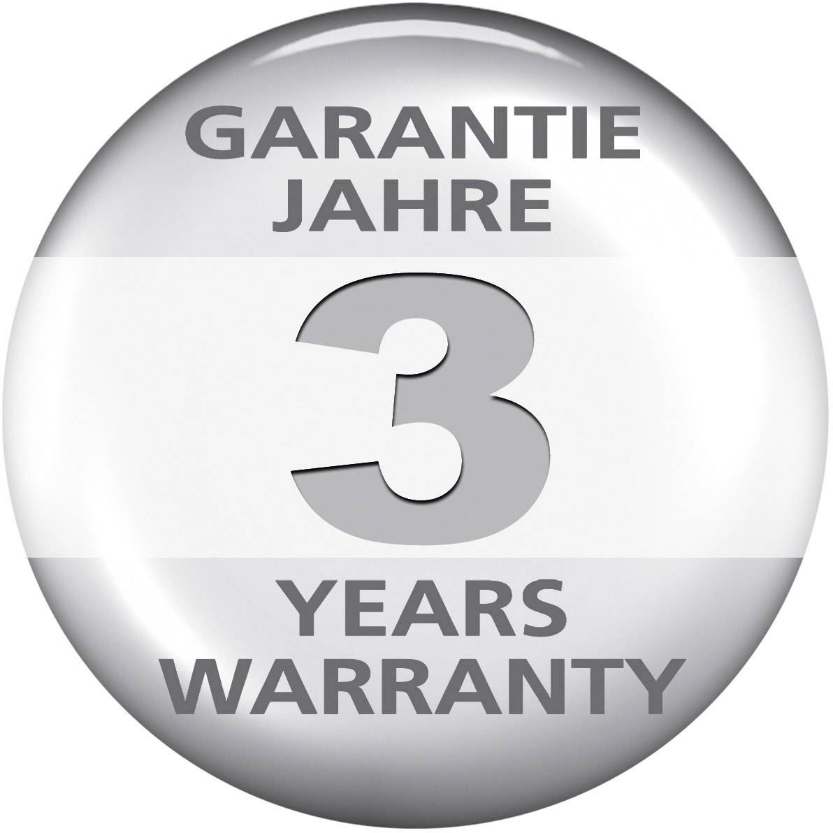 Rond zegel met de tekst 'GARANTIE 3 JAAR' en '3 YEARS WARRANTY' erop.