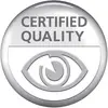 Een zilveren badge met het opschrift 'Gecertificeerde Kwaliteit' en daaronder een gestileerd oog. Symboliseert getoetste kwaliteit.