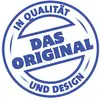 Blauwe cirkel met de tekst 'In Kwaliteit en Design. Het Origineel.' in hoofdletters.