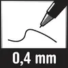 'Penpunt boven een getekende lijn' met het opschrift '0,4 mm', toont de dikte van de lijn die de pen kan maken.