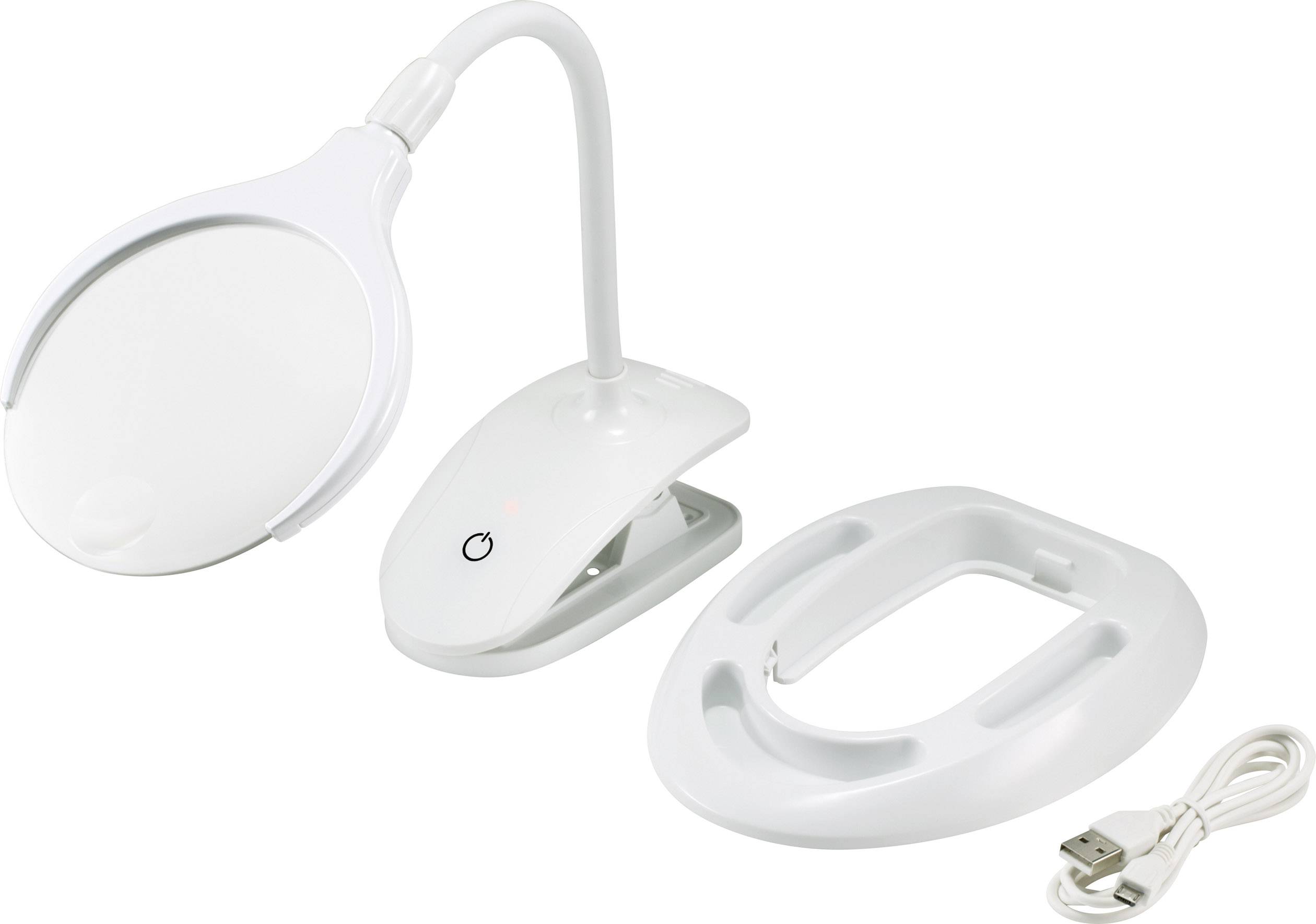 Een witte, draagbare leesloep met LED-verlichting, flexibele hals en USB-kabel ligt naast een tafelklem op een tafel.