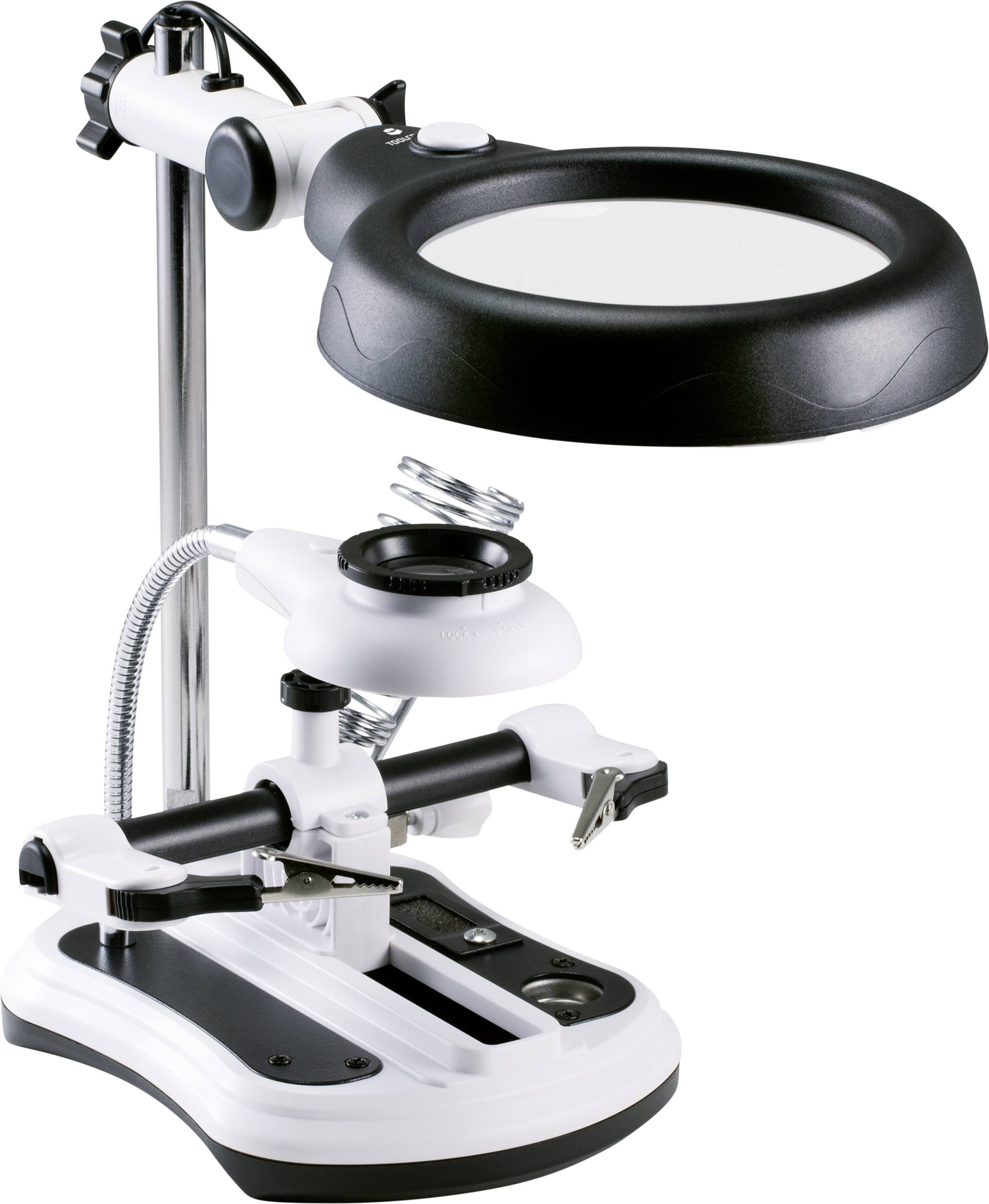 Een verstelbaar tafelmodelvergrootglas met verlichting, ideaal voor nauwkeurig werk en het vergroten van kleine objecten in laboratorium- of ambachtelijke omgevingen.