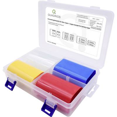 Transparante doos met gekleurde krimpkousen, gemerkt voor verschillende batterijtypes. Bovenaan het Quadrios-logo.