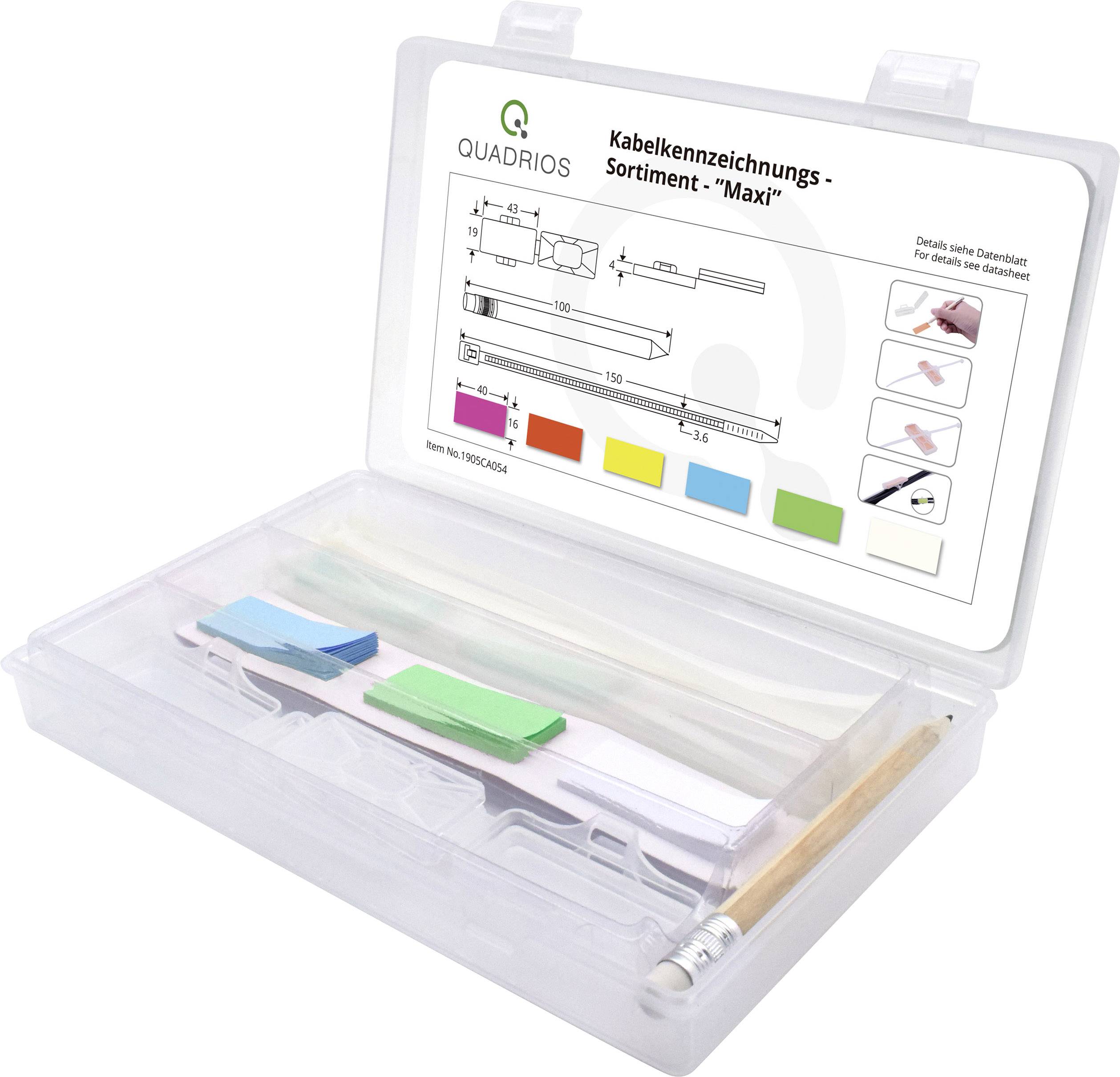Kunststof opbergdoos met kabelmarkeringen in verschillende kleuren, etiketten en een stift, voor nette kabelorganisatie.