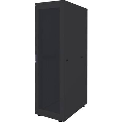 Een zwarte serverrack-kast met geperforeerde deur, geschikt voor het plaatsen van servers en netwerkapparatuur in datacenters.