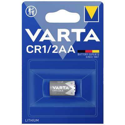 De afbeelding toont een VARTA CR1/2AA lithiumbatterij in zijn verpakking. Bovenaan staat het logo en de tekst 'BATTERY EXPERTS SINCE 1887'.
