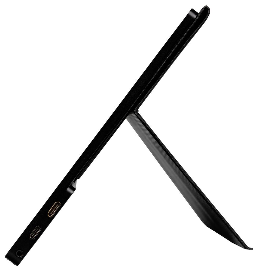 Een tablet staat schuin met uitgeschoven standaard, USB-poorten zichtbaar.