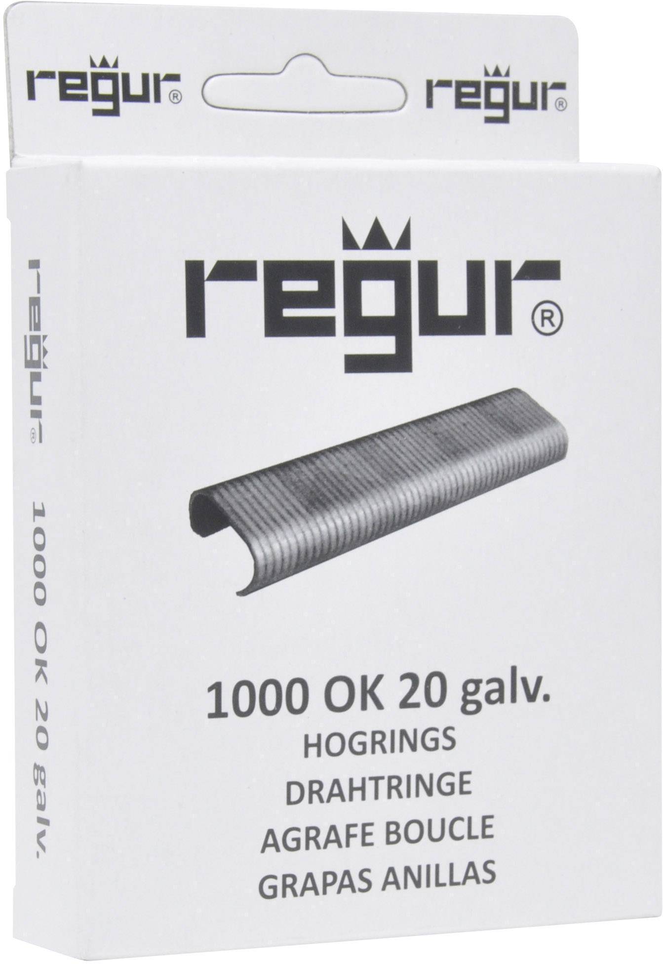 Verpakking van Regur-Hogrings met de opdruk '1000 OK 20 galv.', toont een afbeelding van de draadklemmen. Bevat meerdere talen.