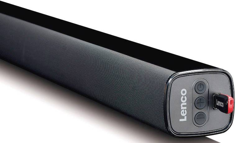 Zwarte Lenco-soundbar met bedieningsknoppen aan de zijkant.