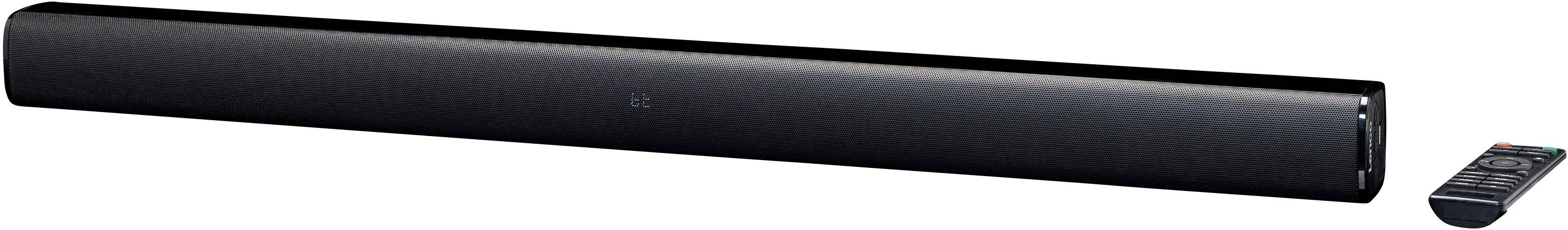 Zwarte soundbar met bijpassende afstandsbediening, geplaatst op een wit oppervlak.