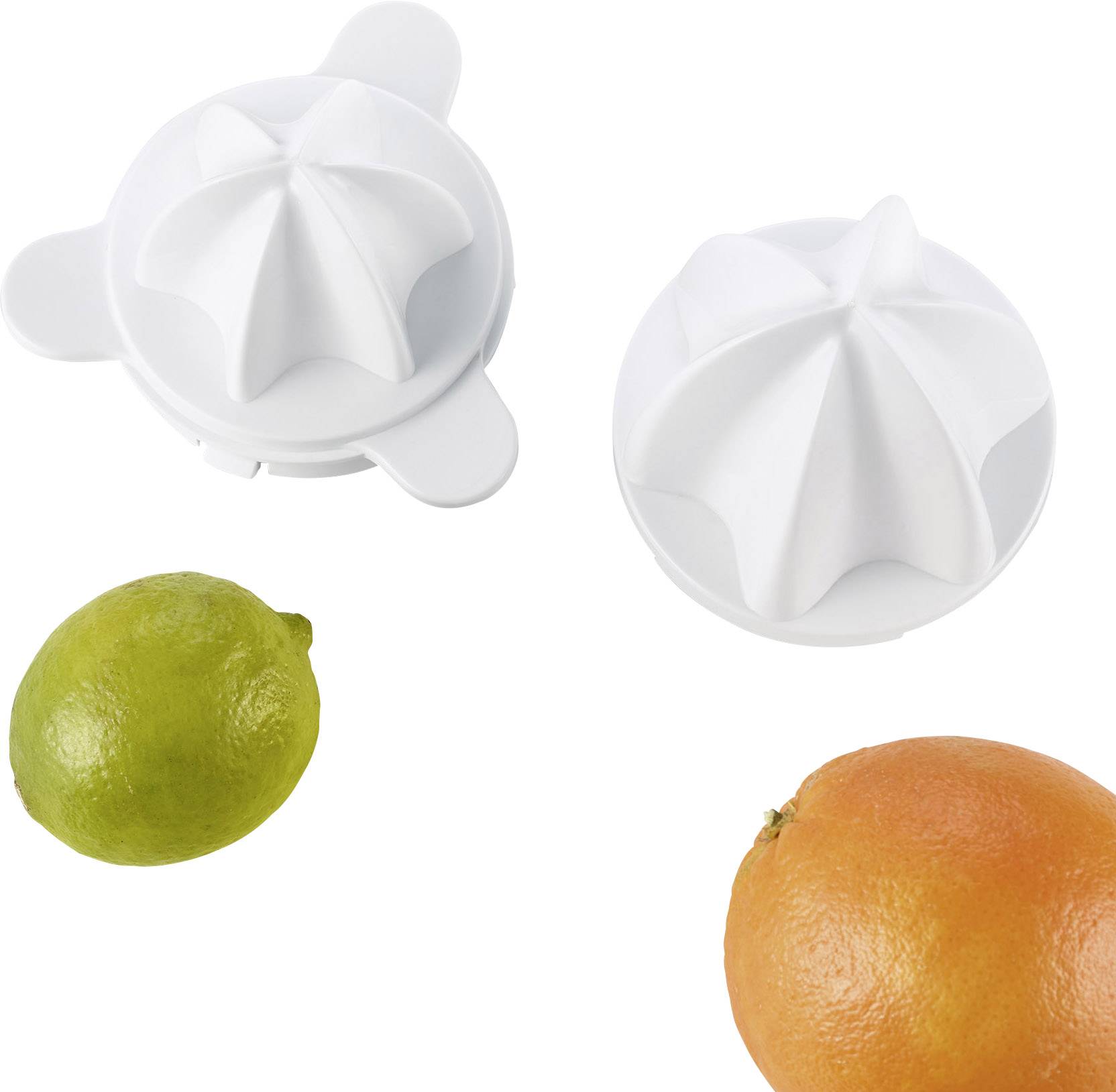 Een limoen- en een sinaasappelhouder naast twee witte kunststof citruspers-opzetstukken.