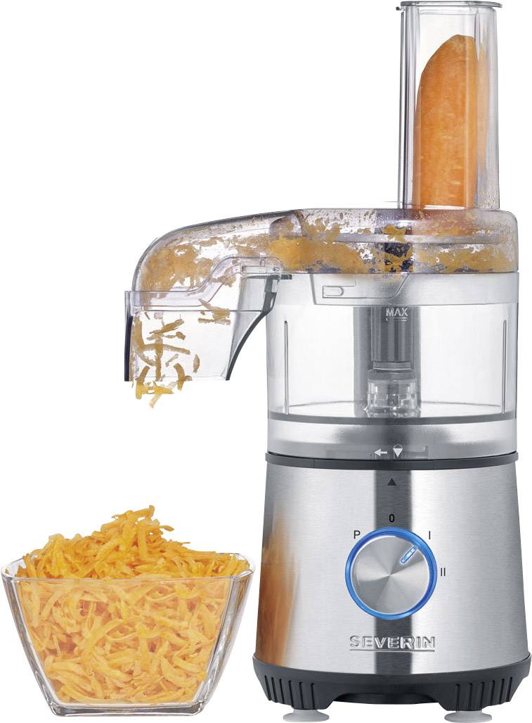 Elektrische keukenmachine die wortels snel in reepjes hakt, naast een kom vol geraspte wortels.