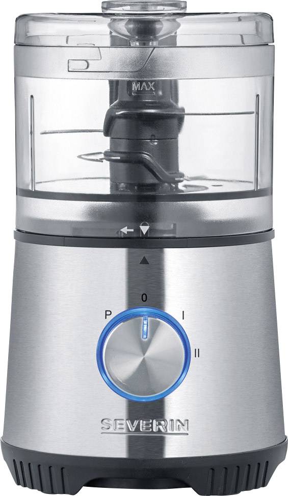 Zilvergrijze elektrische hakselaar met transparante bak, blauwe draaiknop en het opschrift 'SEVERIN'.