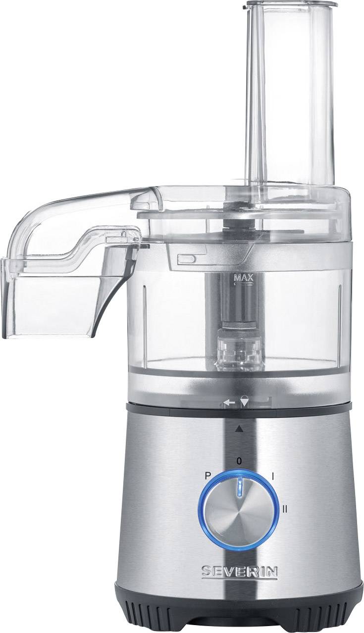 Elektrische hakselaar in zilver met transparante container, invoeropening en blauwe draaiknop aan de voorkant; merk Severin.