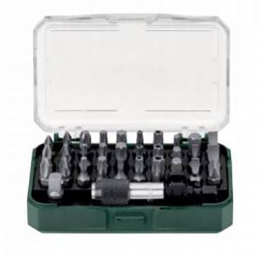 Een open set met verschillende schroevendraaier bits en een handgreep, gerangschikt in een groene doos.