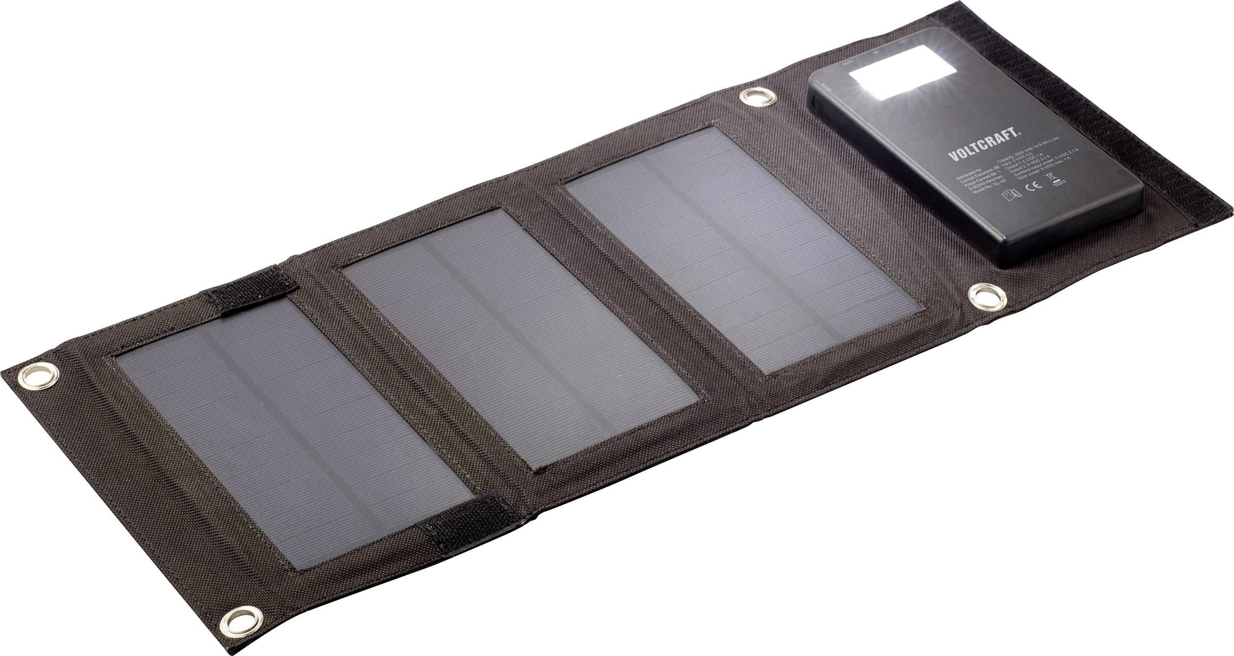 Draagbaar zonnepaneel met drie modules en geïntegreerde powerbank. Geschikt voor het opladen van apparaten onderweg met zonne-energie.