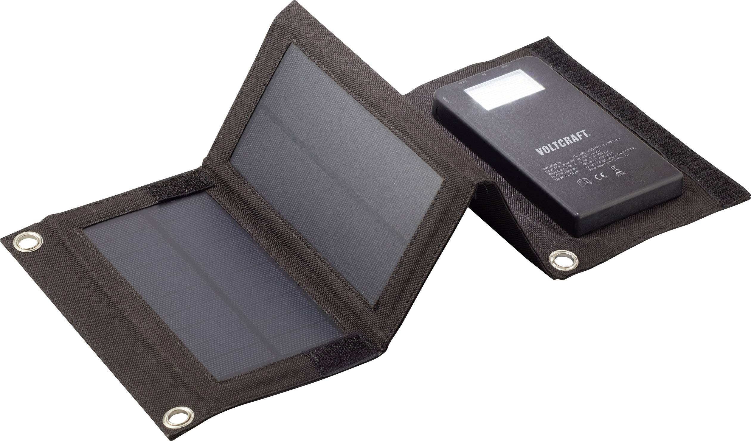 Draagbaar zonnepaneel-laadapparaat met twee ontvouwde zonnepanelen en een aangesloten zwarte powerbank.